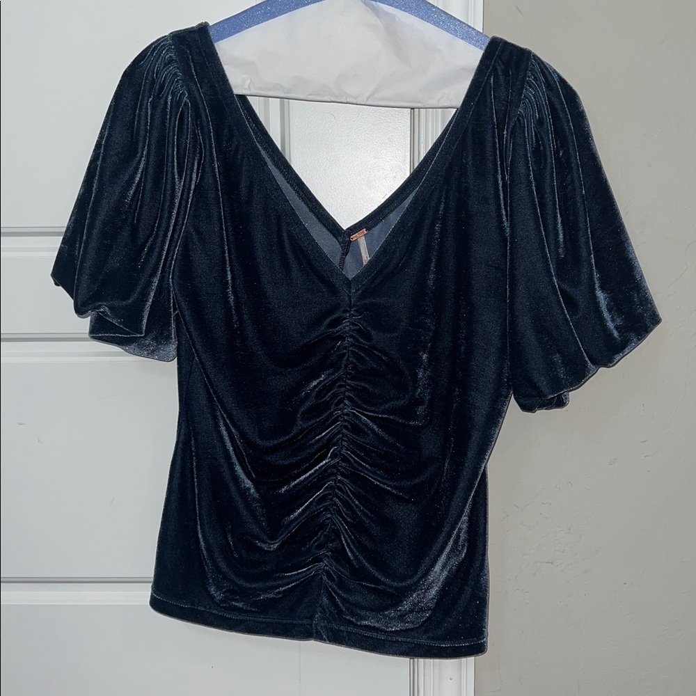 Free People Midnight Blue Ruched Velvet Top